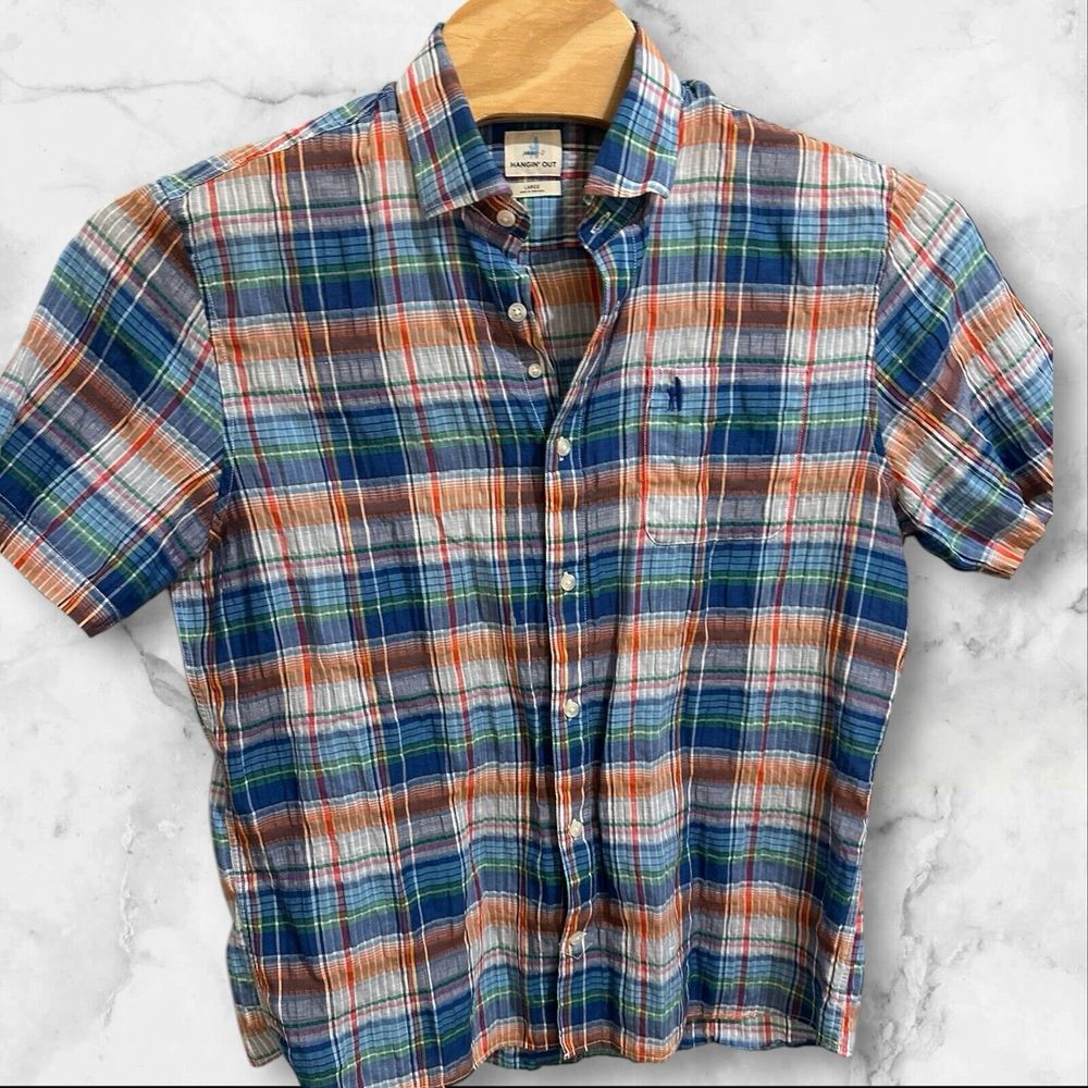 Johnnie-O Hangin Out Plaid Button Up‎ Shirt Short Sleeve Size Large Linen Blend